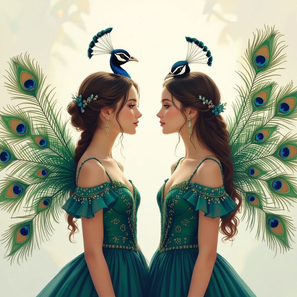 Girls in Peacock Wing Dresses with Mystical Peacock Connecti...