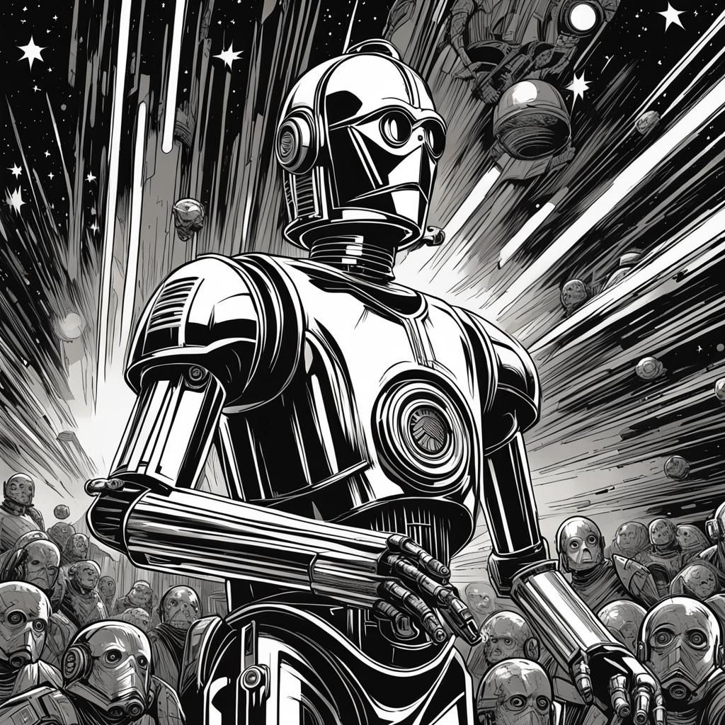 C3PO in Black and White Comic Style