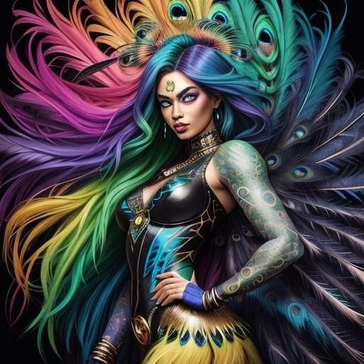 Rainbow Woman with Peacock Feathers in Comic Art Style