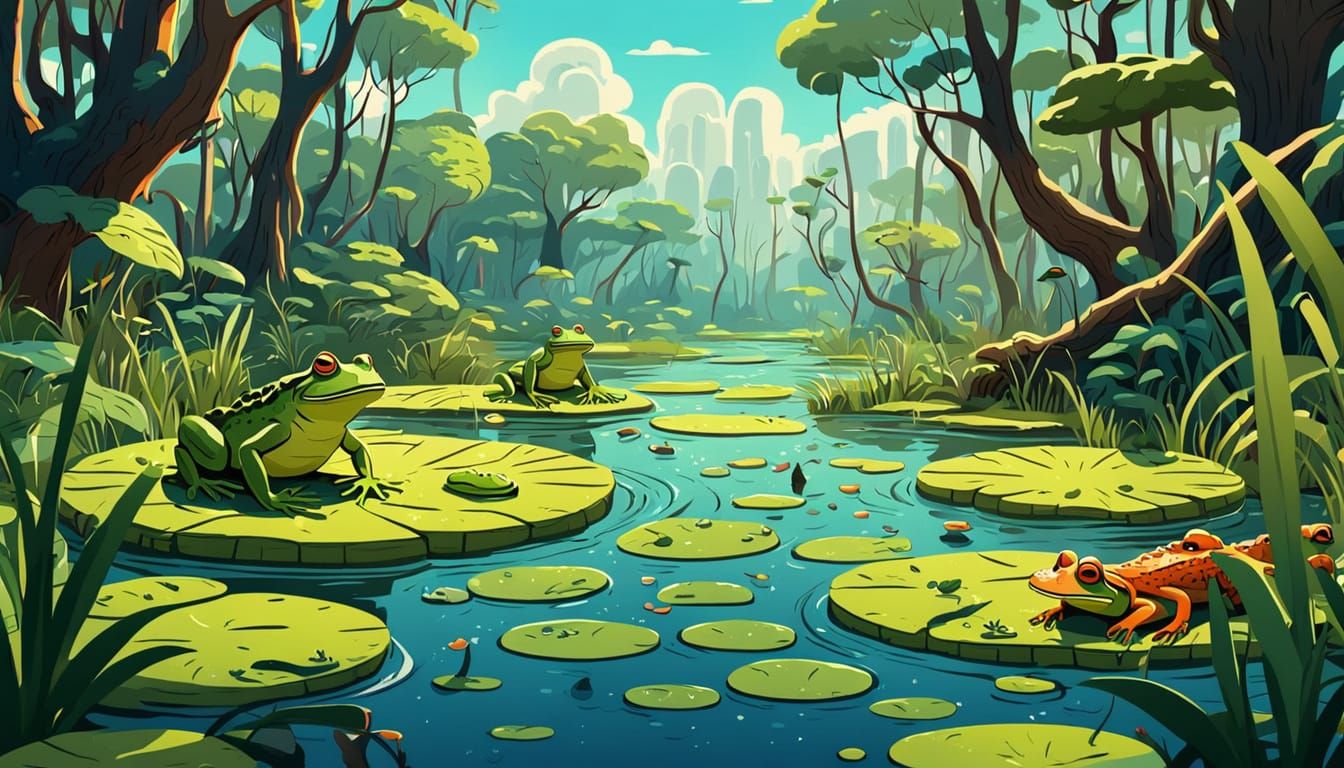 Humorous Cartoon Swamp with Frogs and Alligators