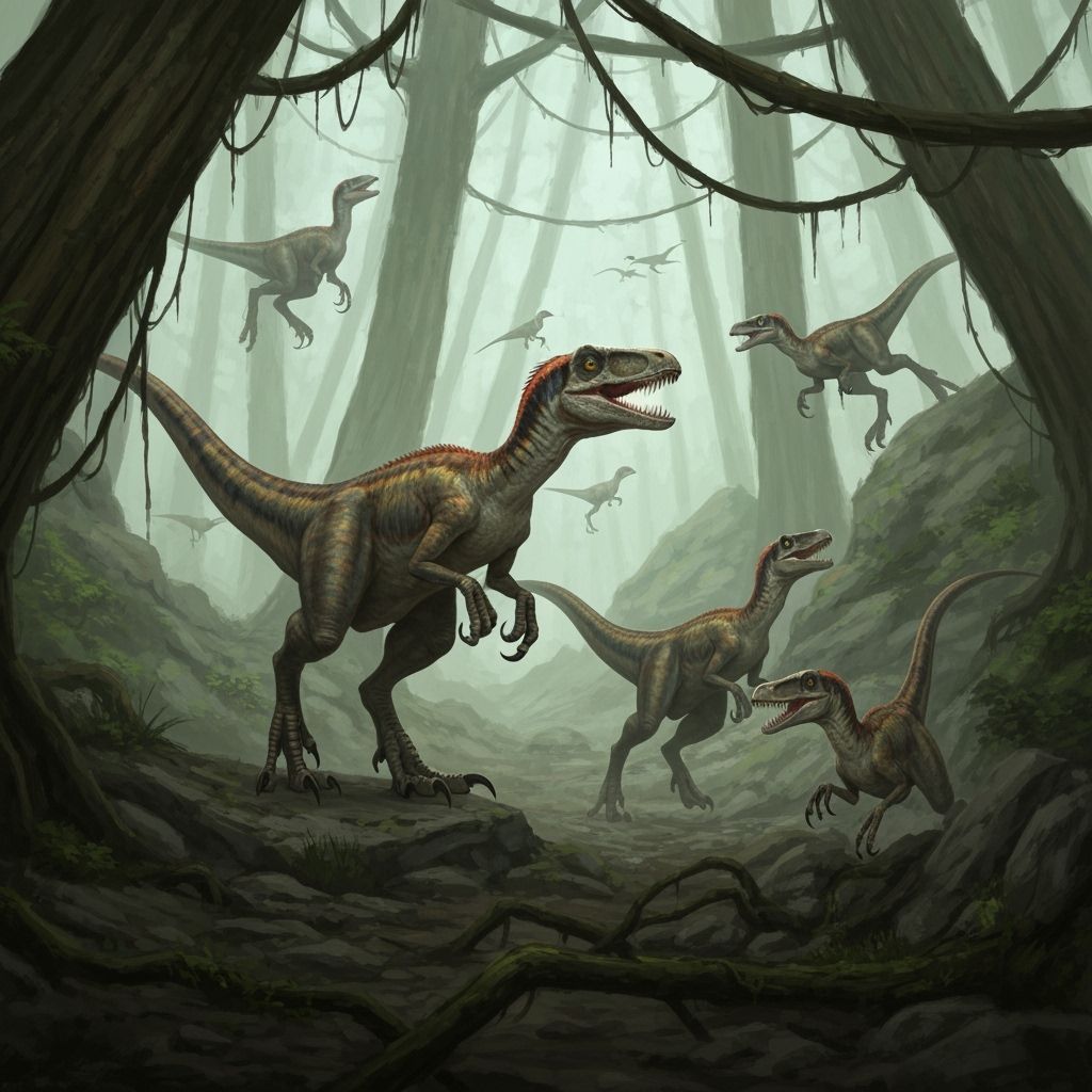 Velociraptors Hunting in a Prehistoric Forest: Digital Paint...