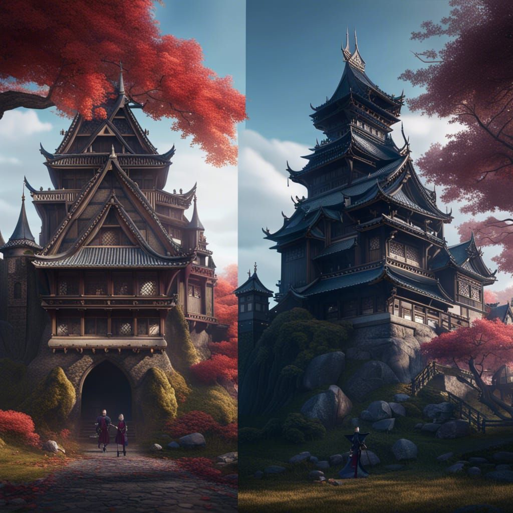 Gothic Castle versus Japanese Castle in Matte Painting