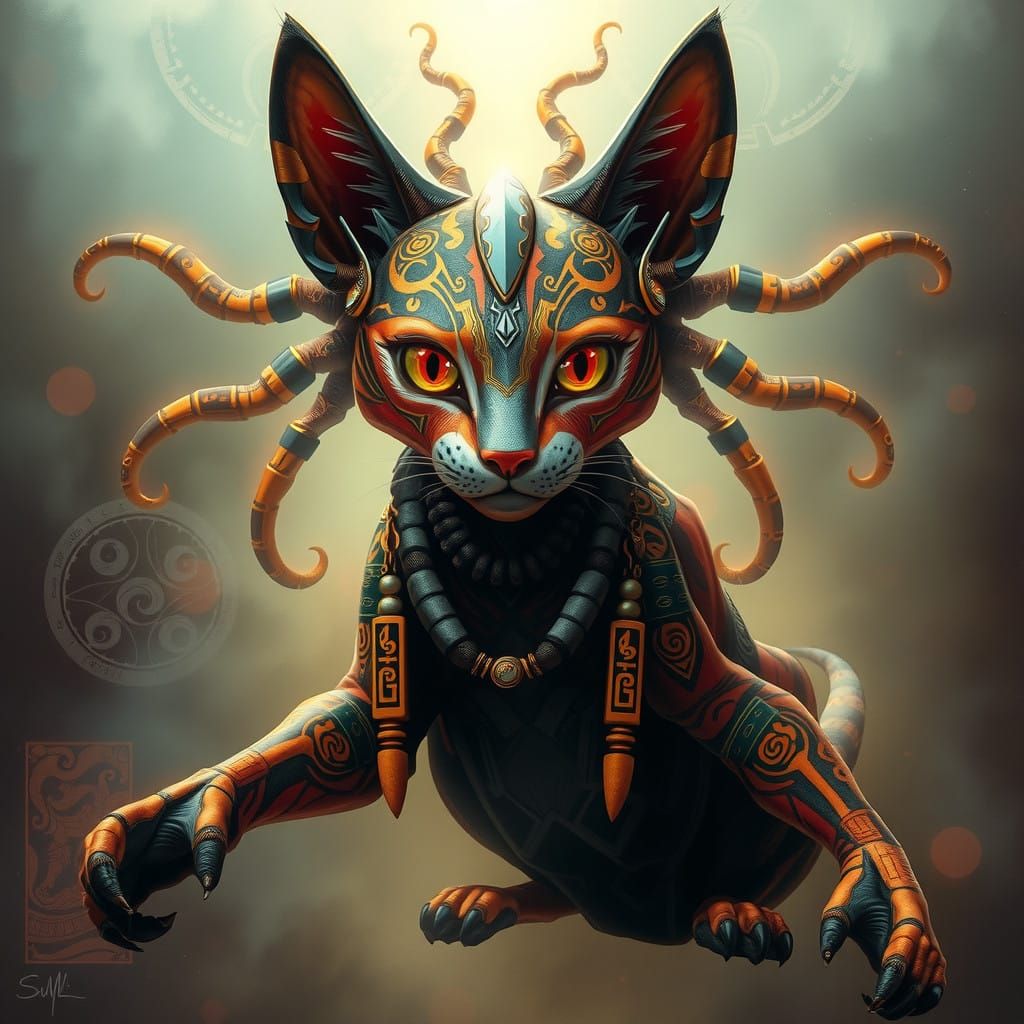 Regal, Ancient Feline Entity with Eight Piercing Eyes in Bio...
