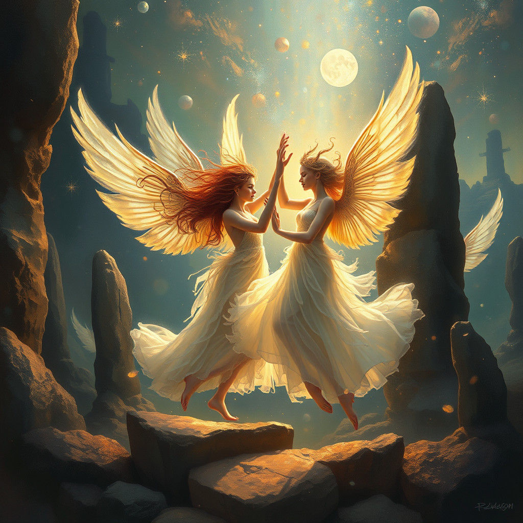 Celestial Beings Dance Amidst Ancient Wonder