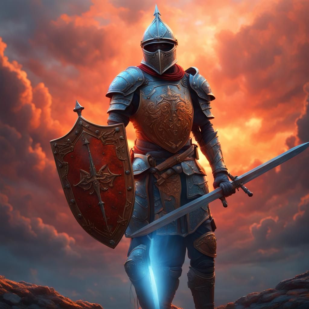 Armored Warrior on Battlefield with Sword and Shield