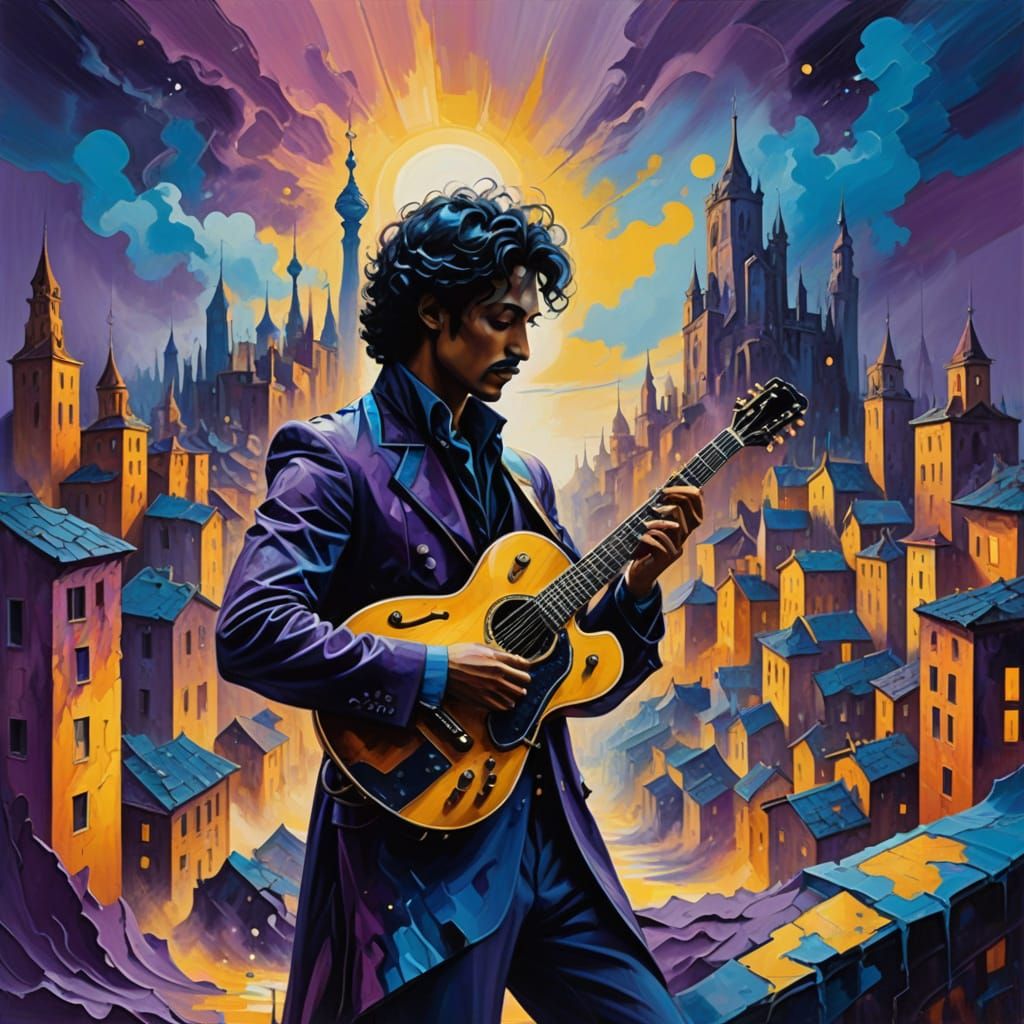 Prince on Stage in a Dreamlike Cityscape, Inspired by Salvad...