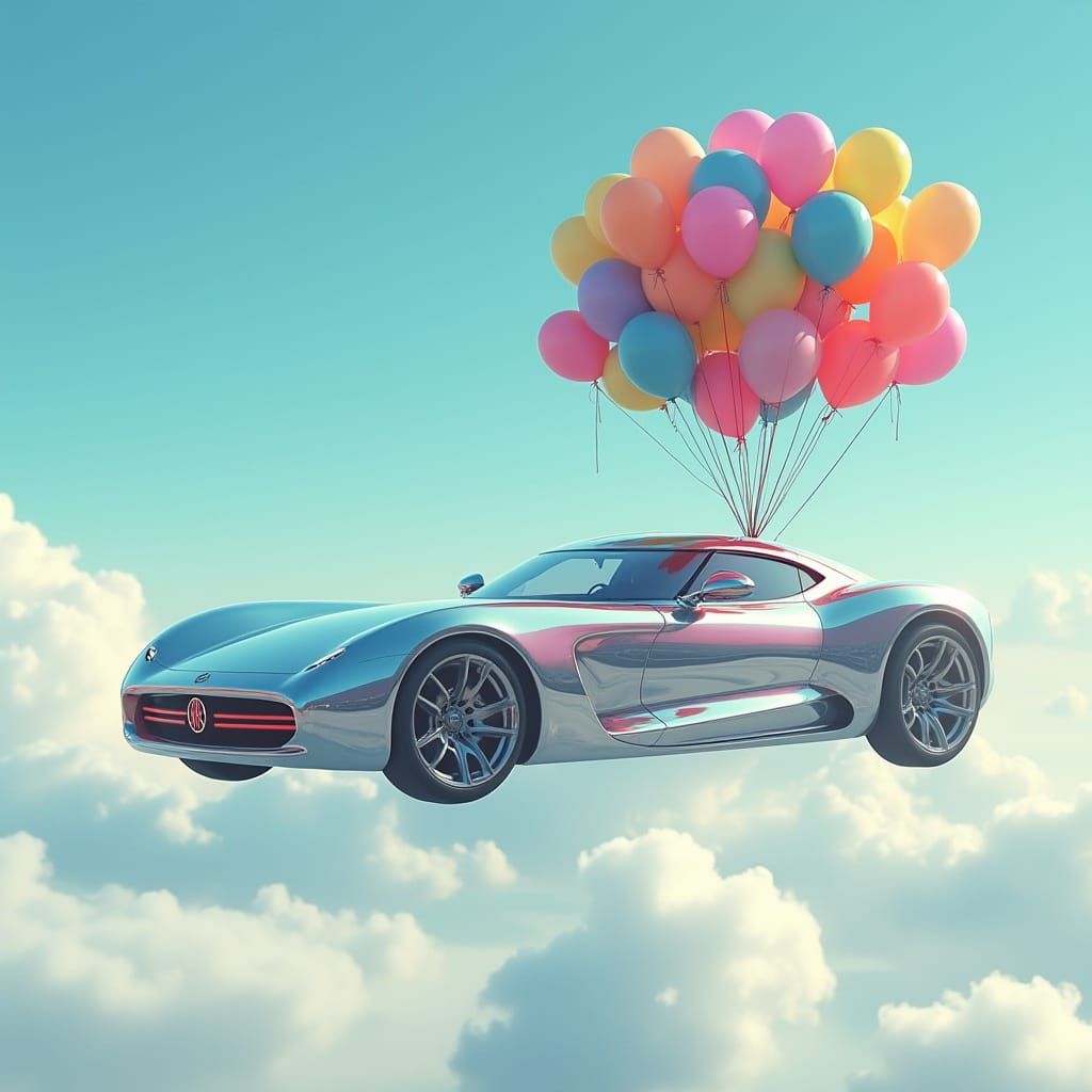 Futuristic Car Surrounded by Whimsical Balloons in a Dreamli...