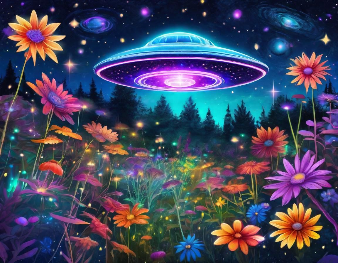 Luminescent Flowers and UFO Garden at Night