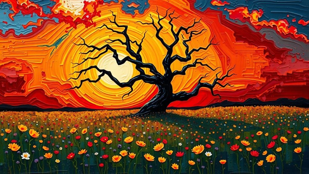 Gnarled Tree Silhouetted in Vibrant Sunset Landscape