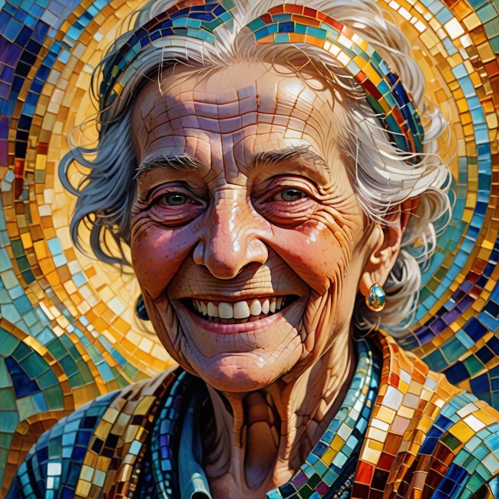 Surreal Smiling Old Woman in Vibrant Oil Painting