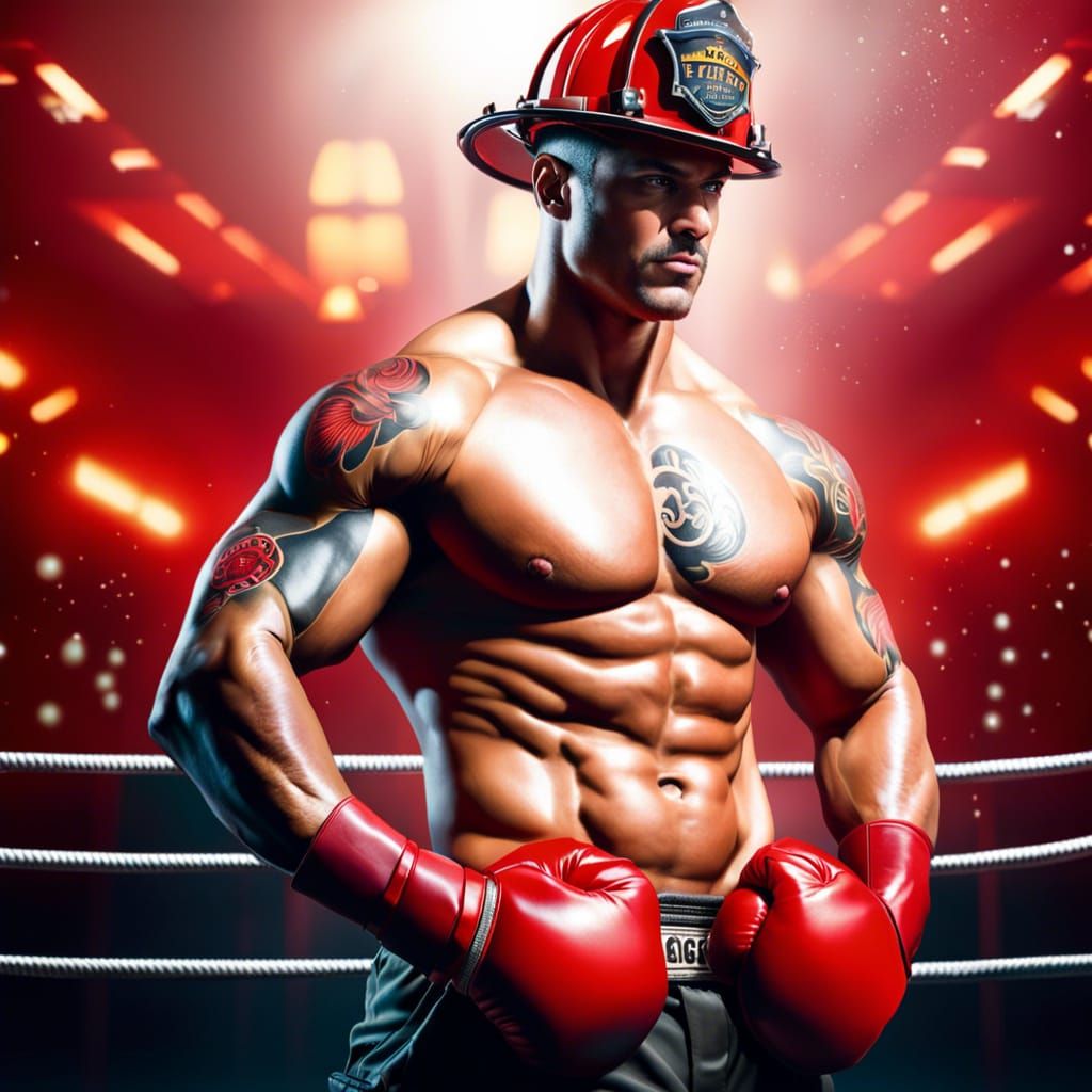 Muscled Firefighter in Boxing Ring: Hyperrealistic Splash Ar...