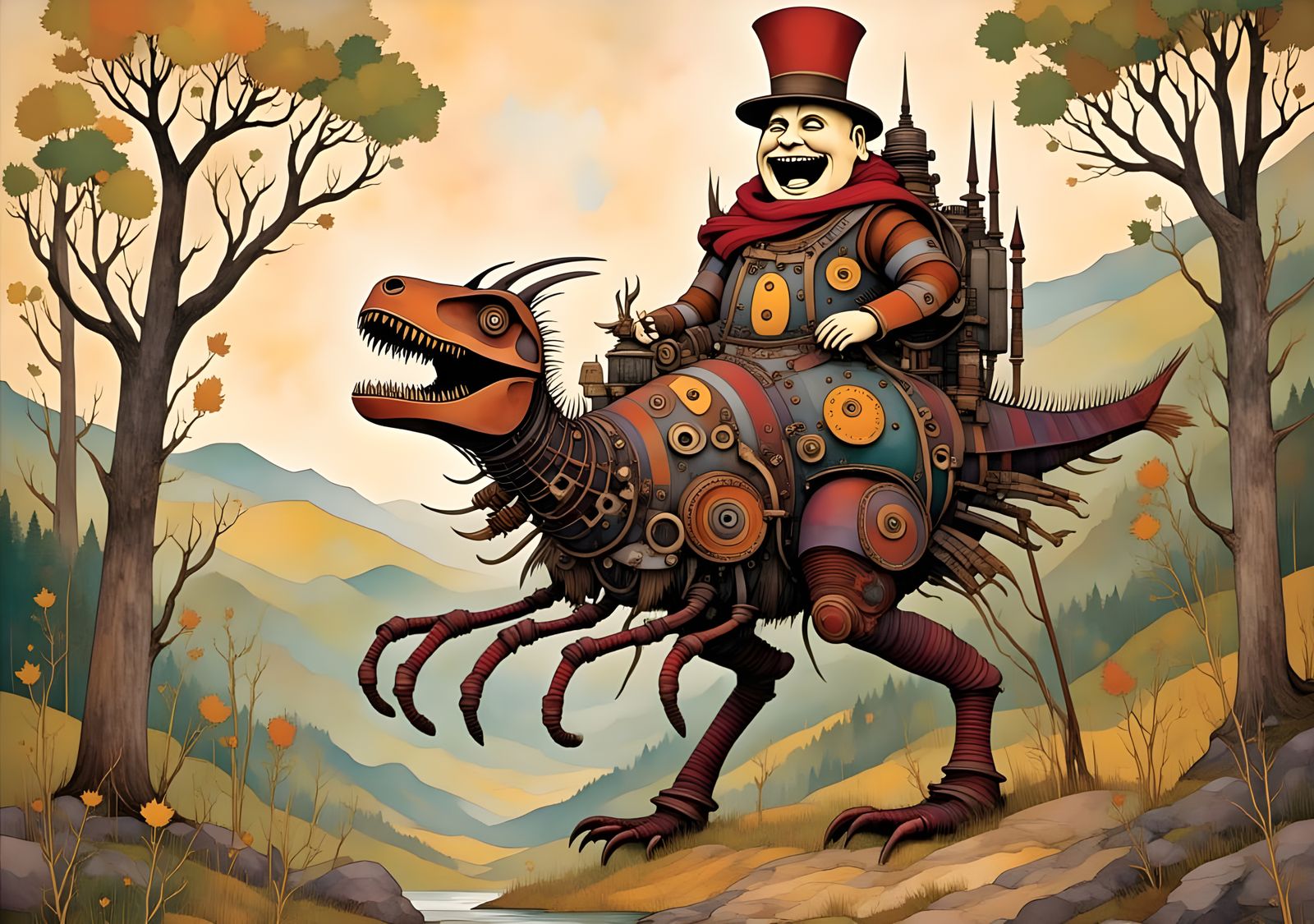 Steampunk Buddha on Mechanical Spider in Jungle