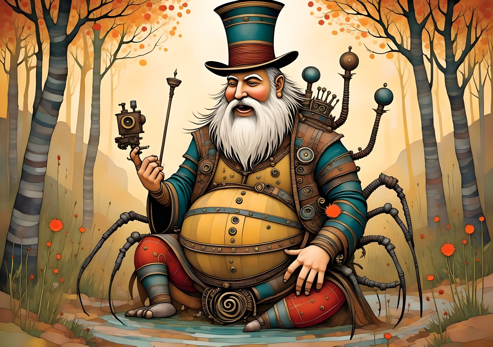 Steampunk Buddha Rides Retro-Futuristic Spider in Jungle