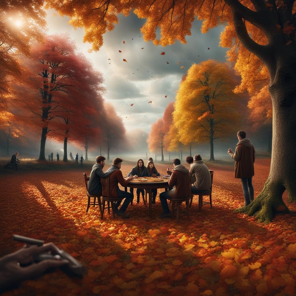 Friends Playing Okey in Autumn: Digital Matte Painting