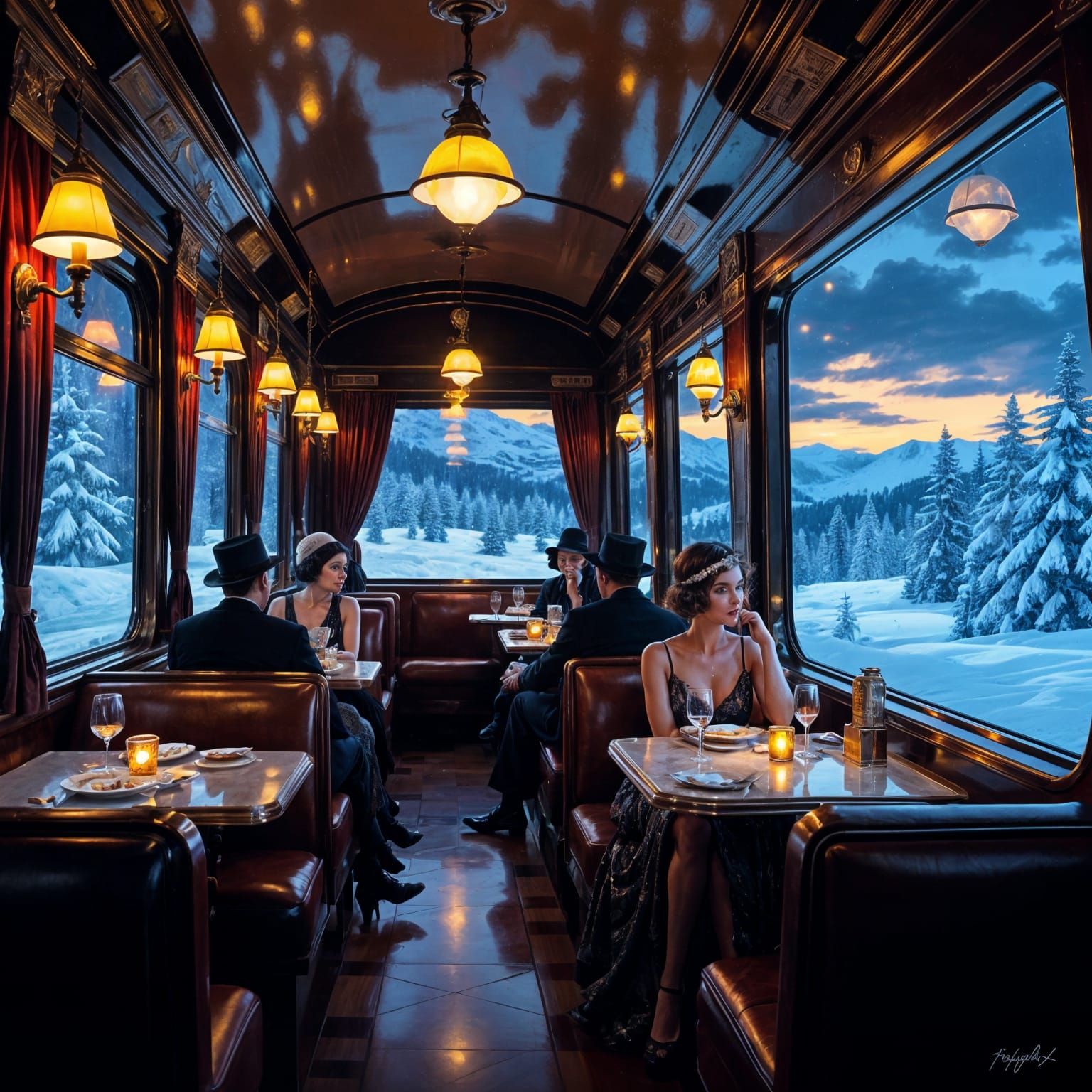 Glamorous 1920s Train Dining Car Scene