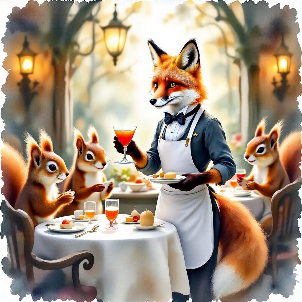 Fox Waiter Serves Squirrels in Watercolor Style