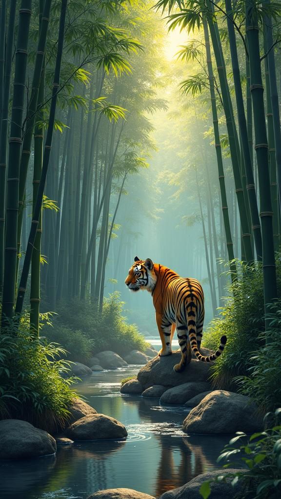 Tiger in Bamboo Forest: Asian Art Illustration