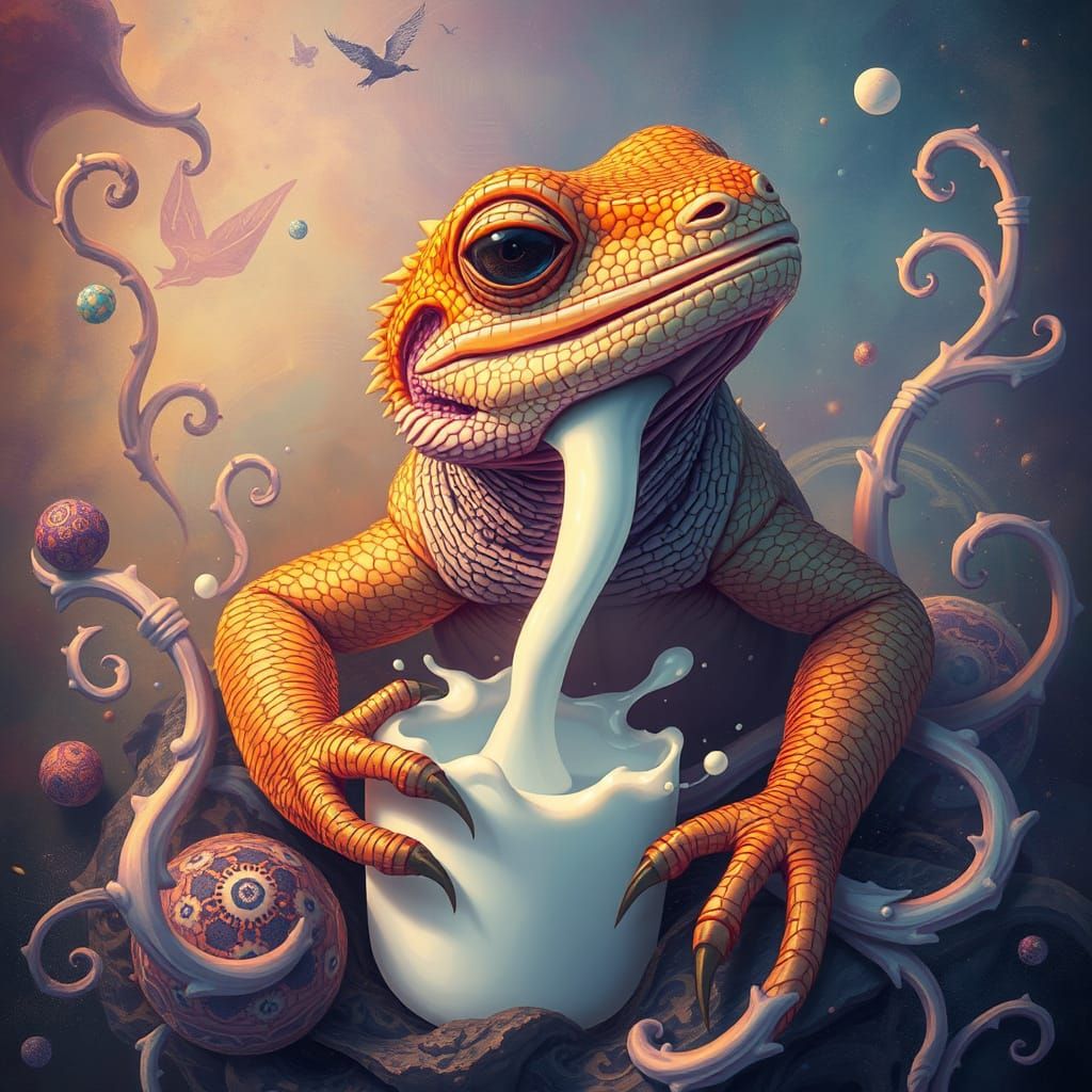 Surreal Lizard Milking in Dreamlike Scene