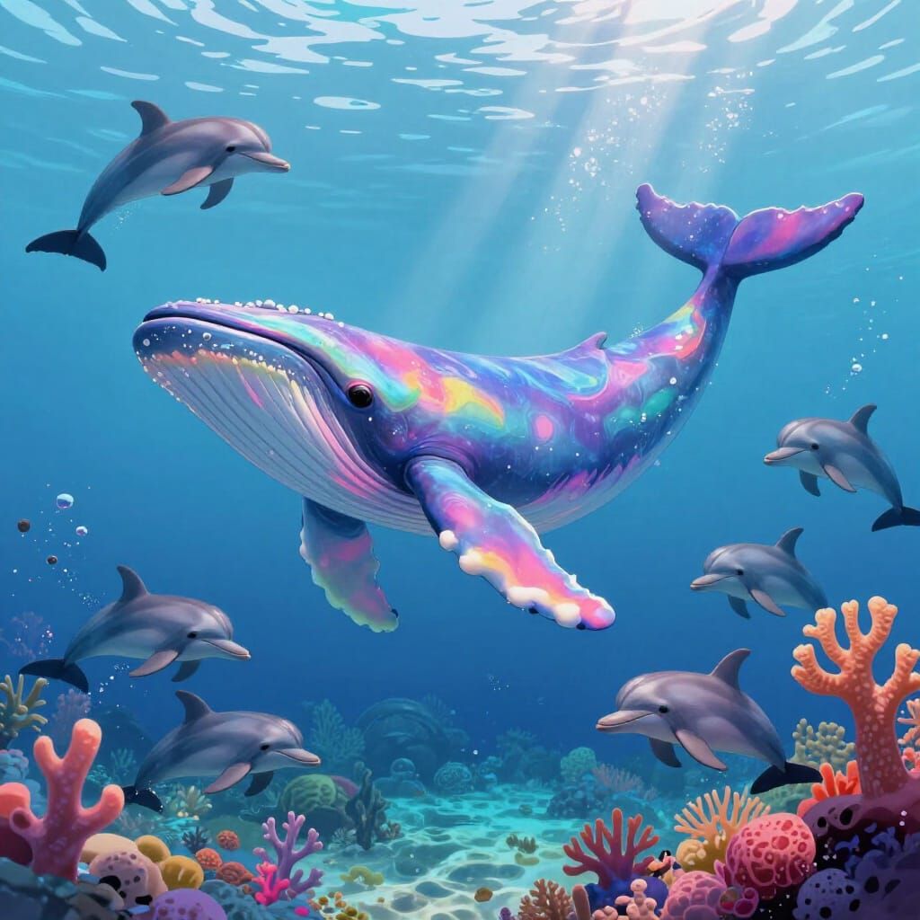 Rainbow Whale and Dolphins in Dreamlike Fantasy Illustration
