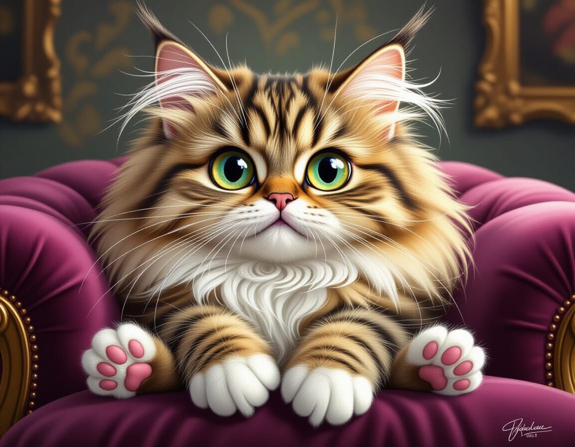 Fluffy Cat Caricature with Expressive Eyes and Tiny Paws