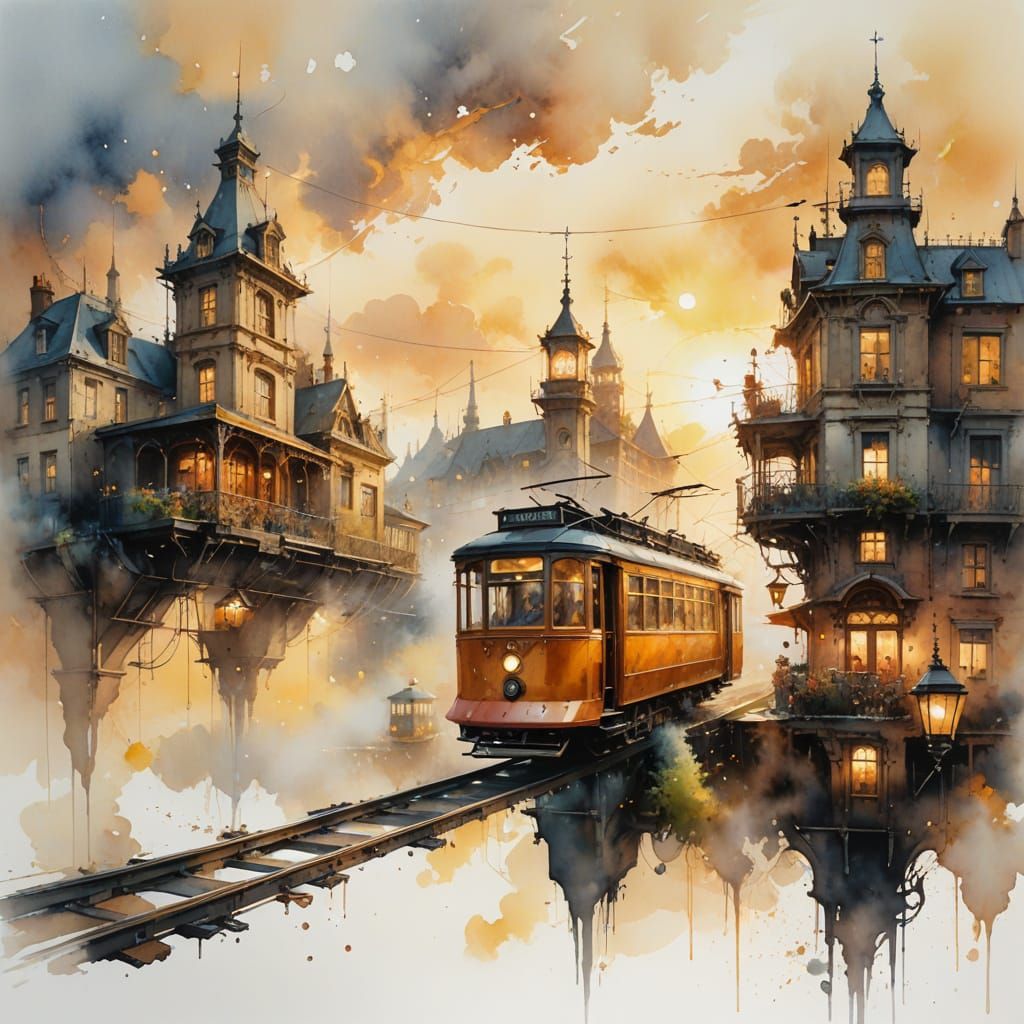 Steampunk Cityscape in a Golden Sunset