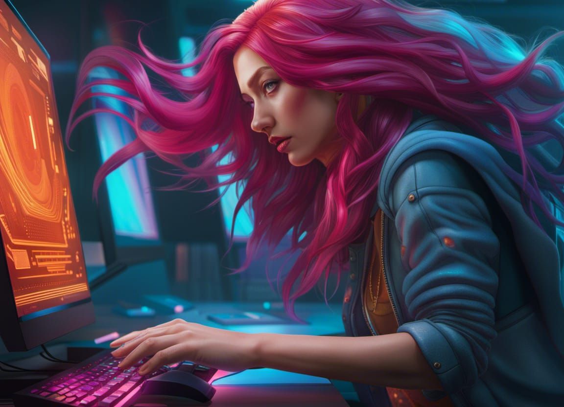 Magenta-Haired Woman Typing: Hyperdetailed Artstation Concep...