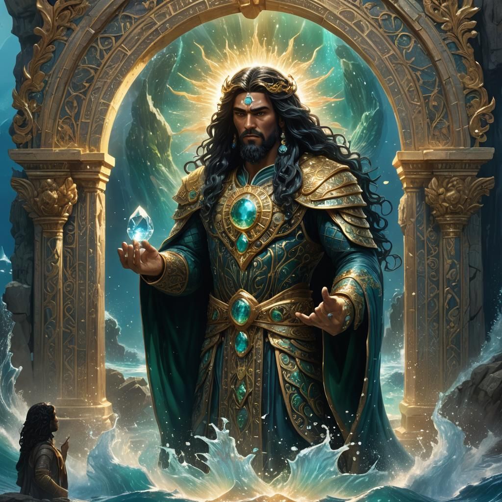 Ocean God Before Crystal Portal in Fantasy Art