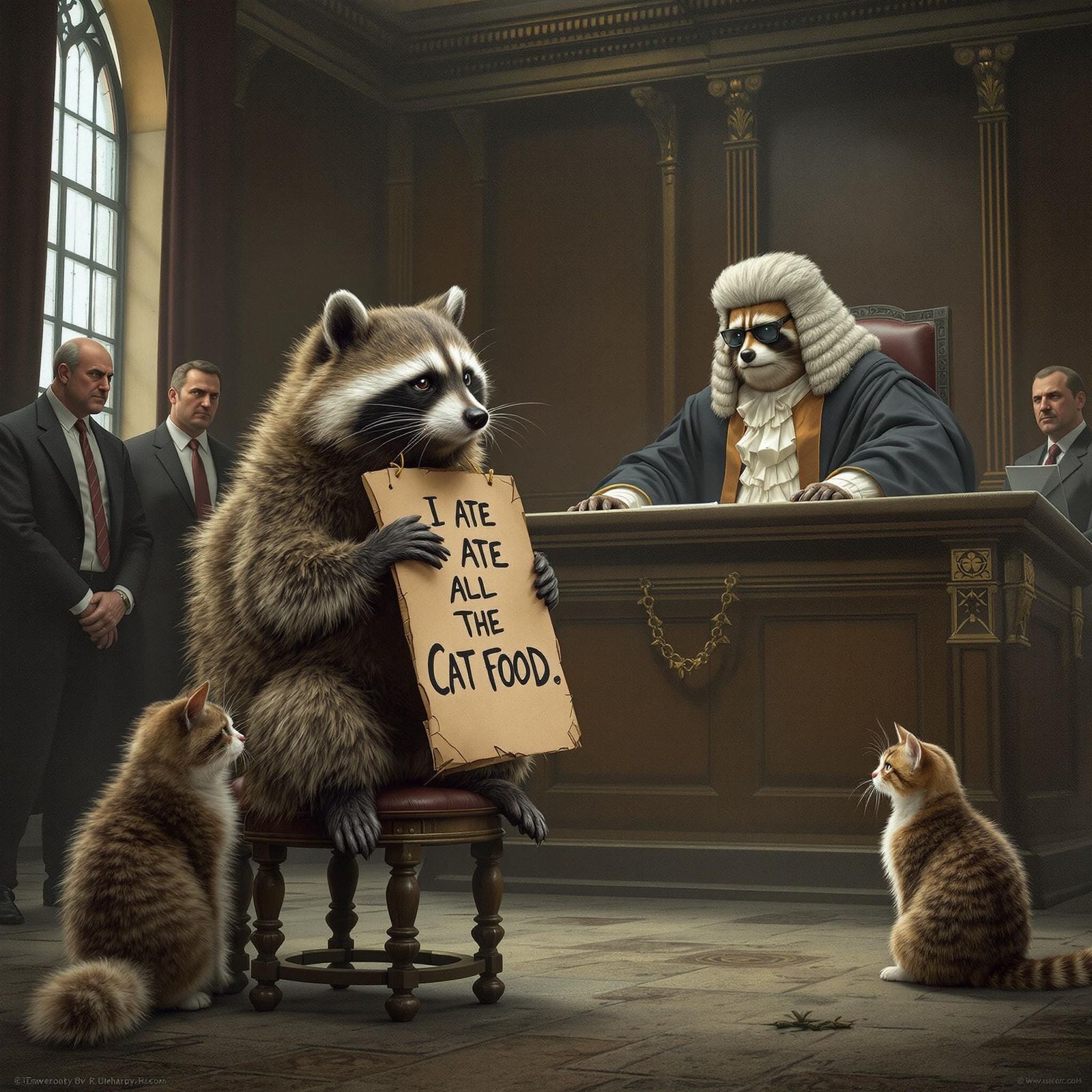 Raccoon on Trial in Old Courtroom