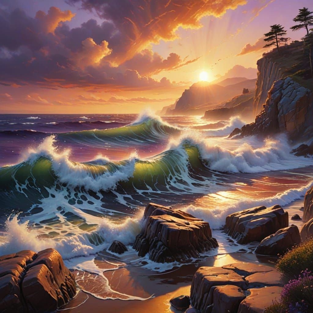 Vivid Coastline at Sunset: Light of Setting Suns