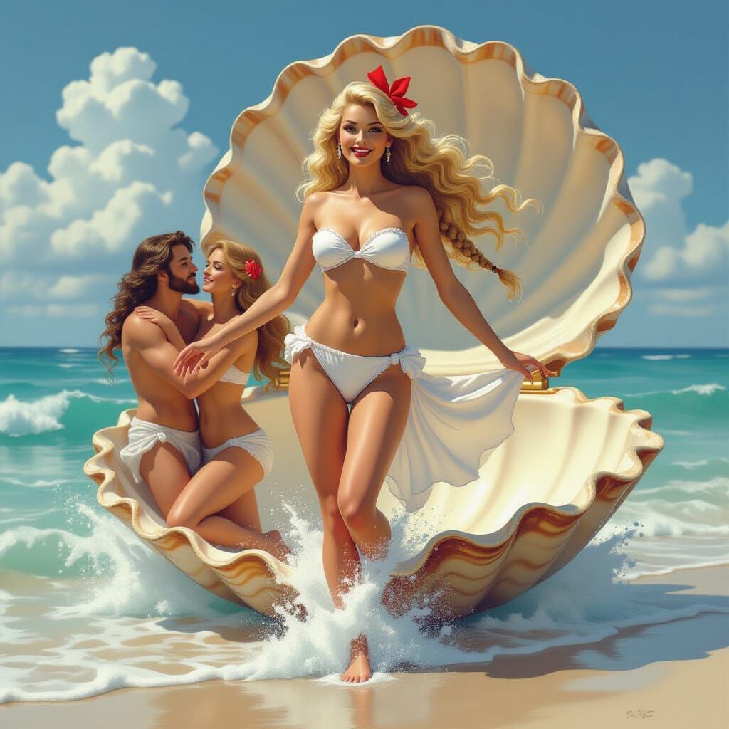 Venus Rises from Sea Foam in Botticelli and Klimt Style