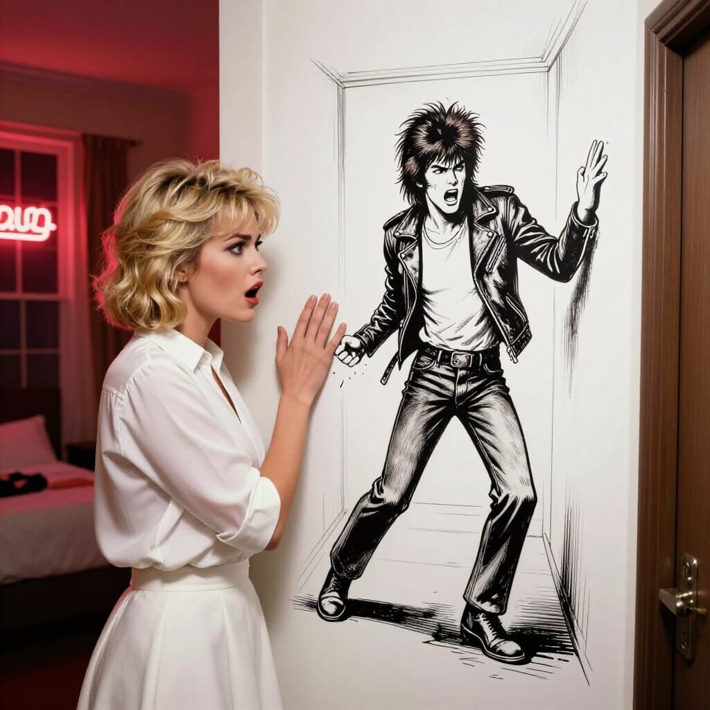 Woman Reacts to 80s Rock Star Illustration in Corridor