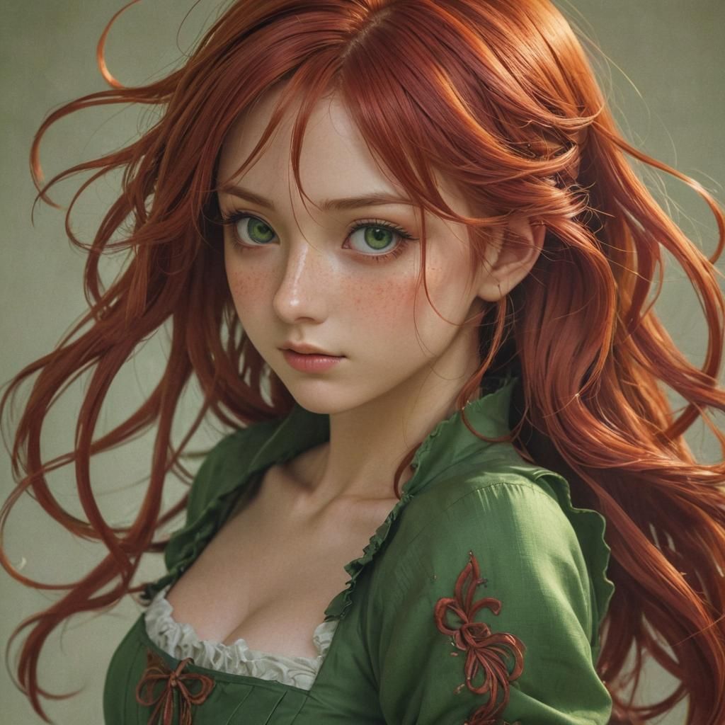 Anime Girl in Green Dress, Manga Illustration