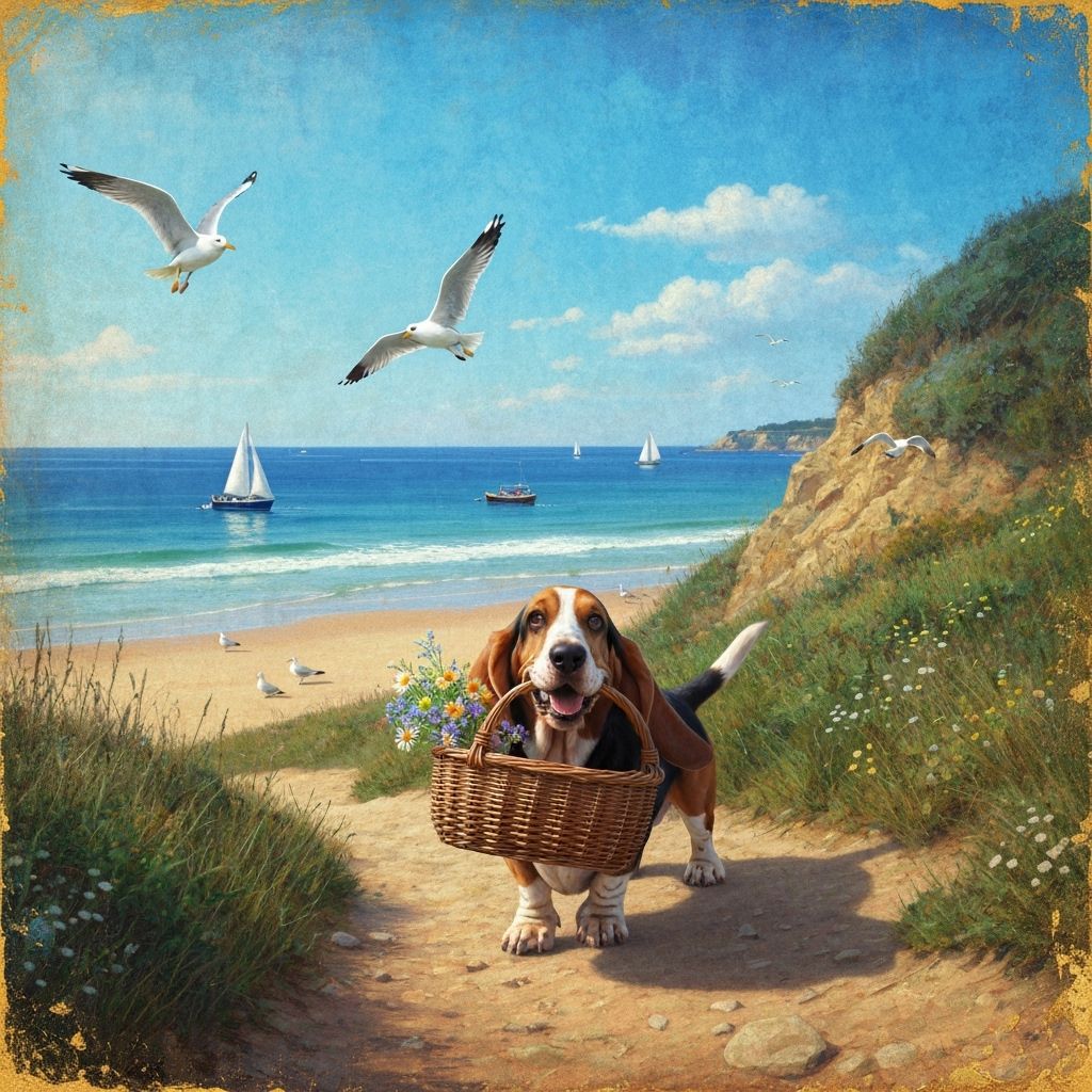Basset Hound Carries Flowers on Beach Trail in Soft Light