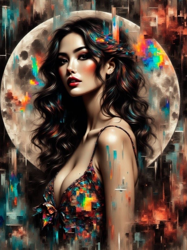 Brunette Pin-Up with Holographic Moon in Metallic Art