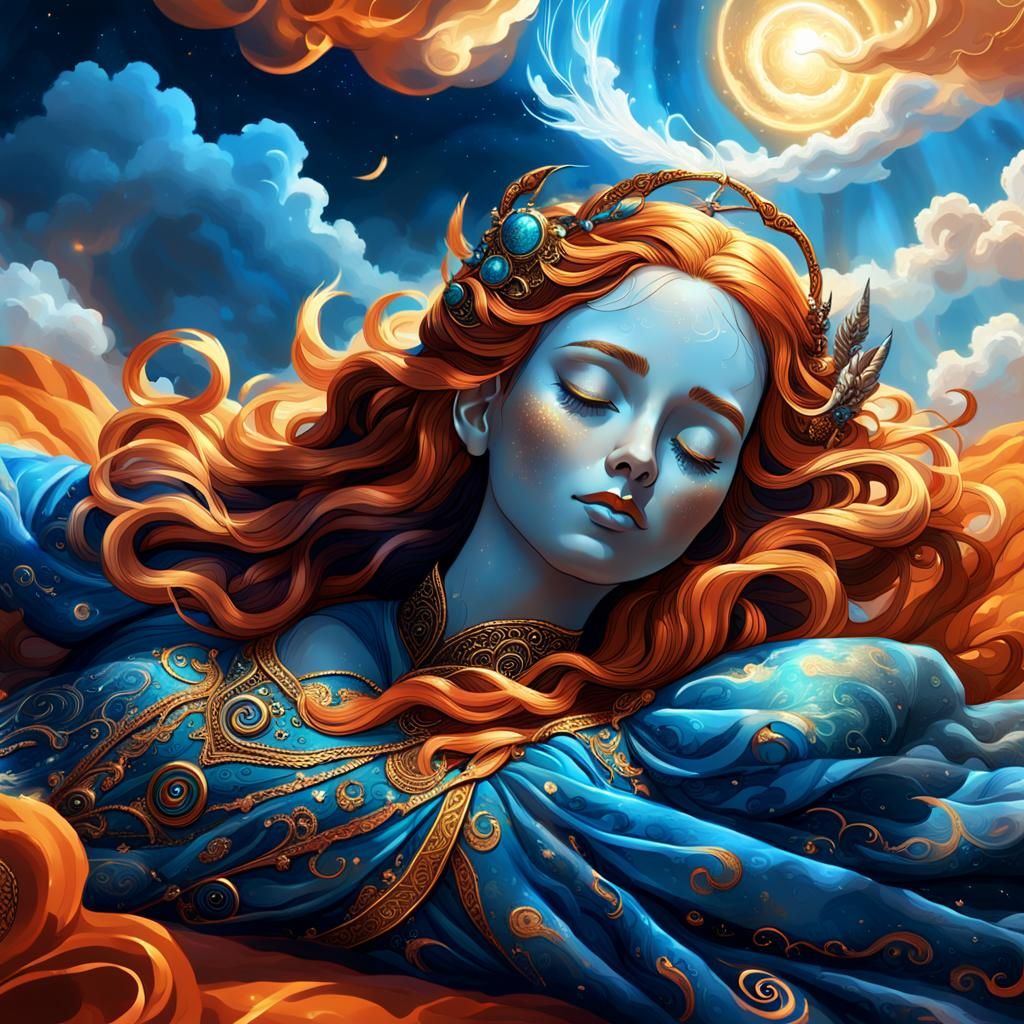 Morphea the beautiful sleep goddess on a cloud bed in dreaml...