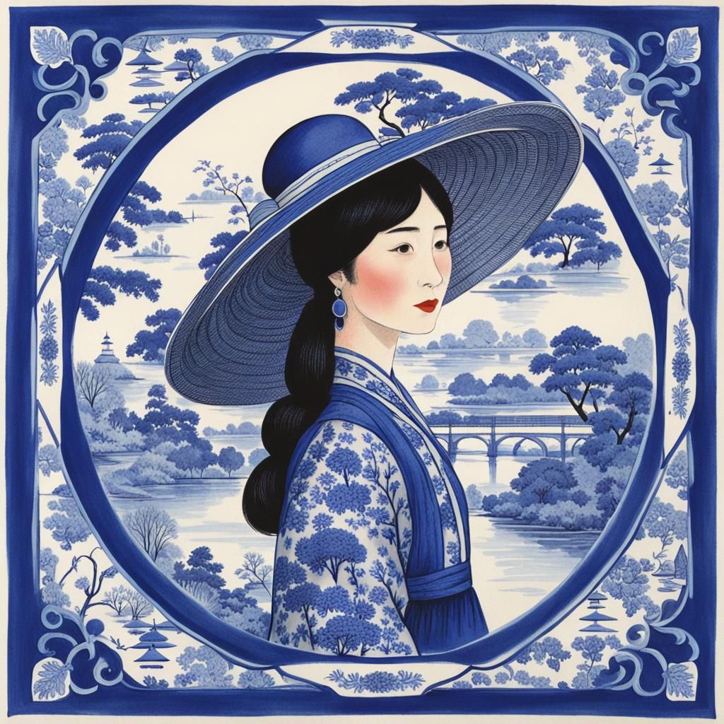 Woman in Blue Willow Dress and Hat