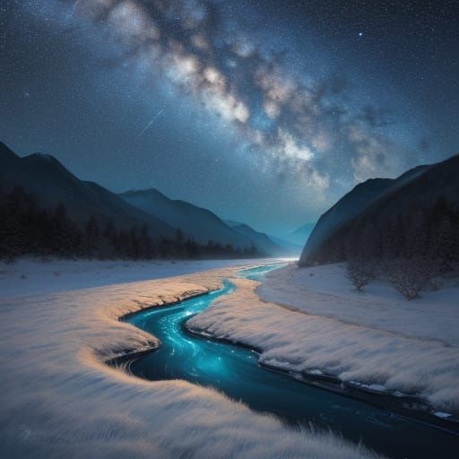 Ethereal Light Rivers Through Stardust Mountains