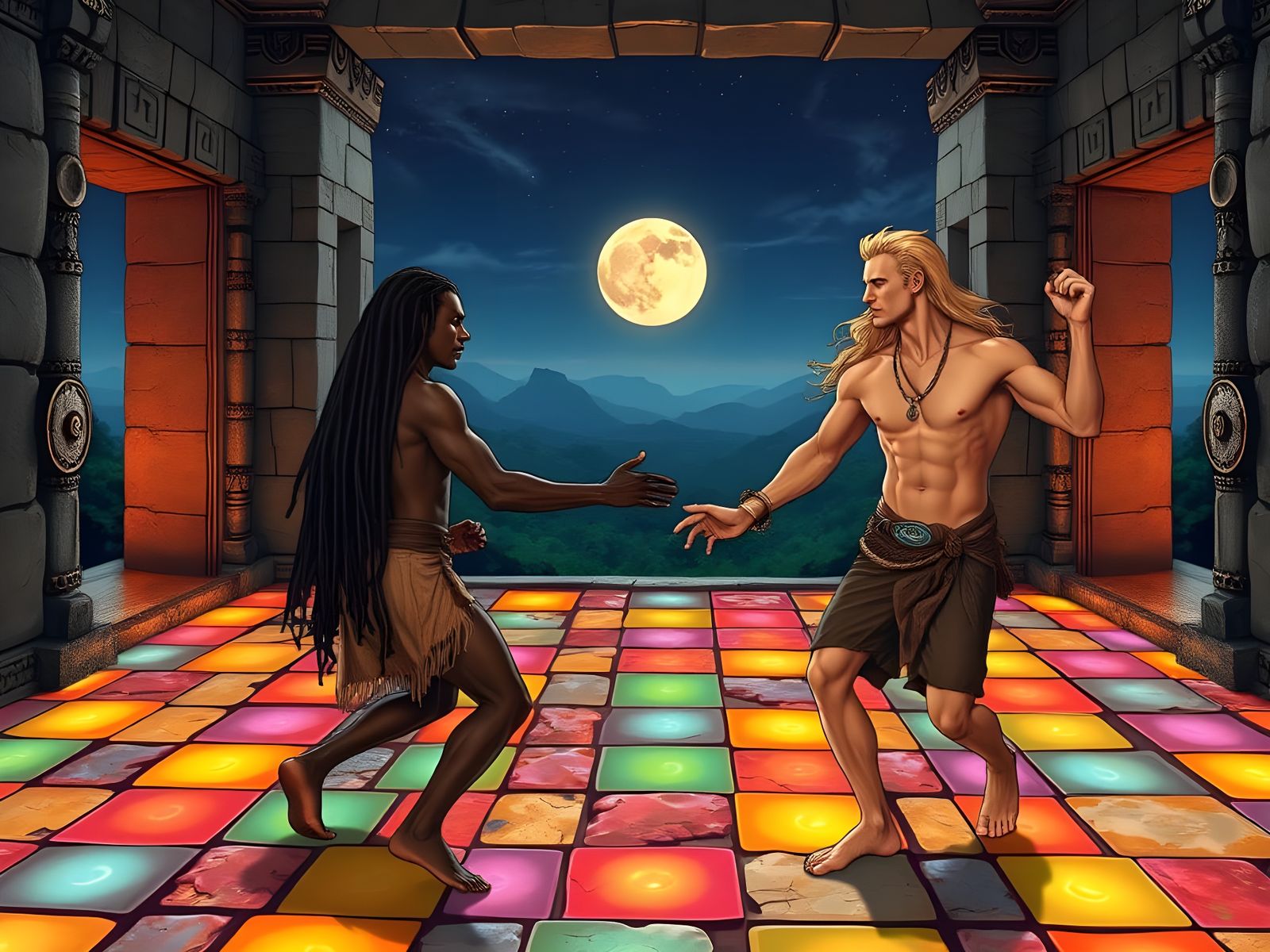 Tribesmen Dance Under Moonlit Temple Disco