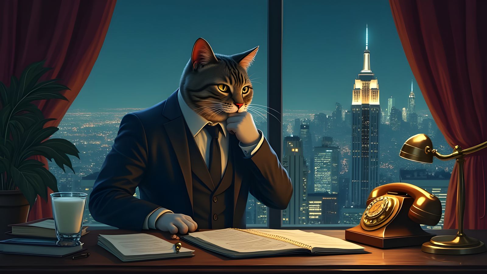 Anthropomorphic Cat in Dark Suit Overlooking City