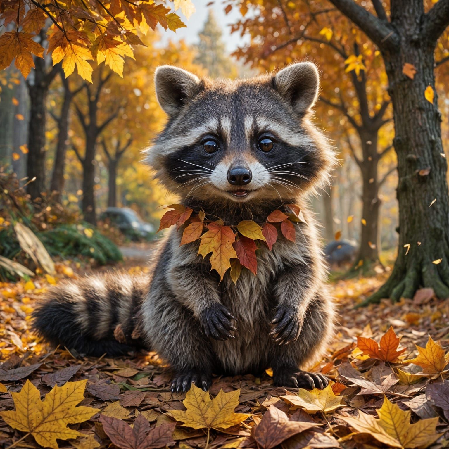 Cute Raccoon Playing in Autumn Leaves Digital Art
