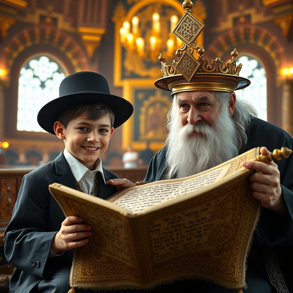 Traditional Orthodox Jewish Boy Studies Torah Scroll in Vibr...