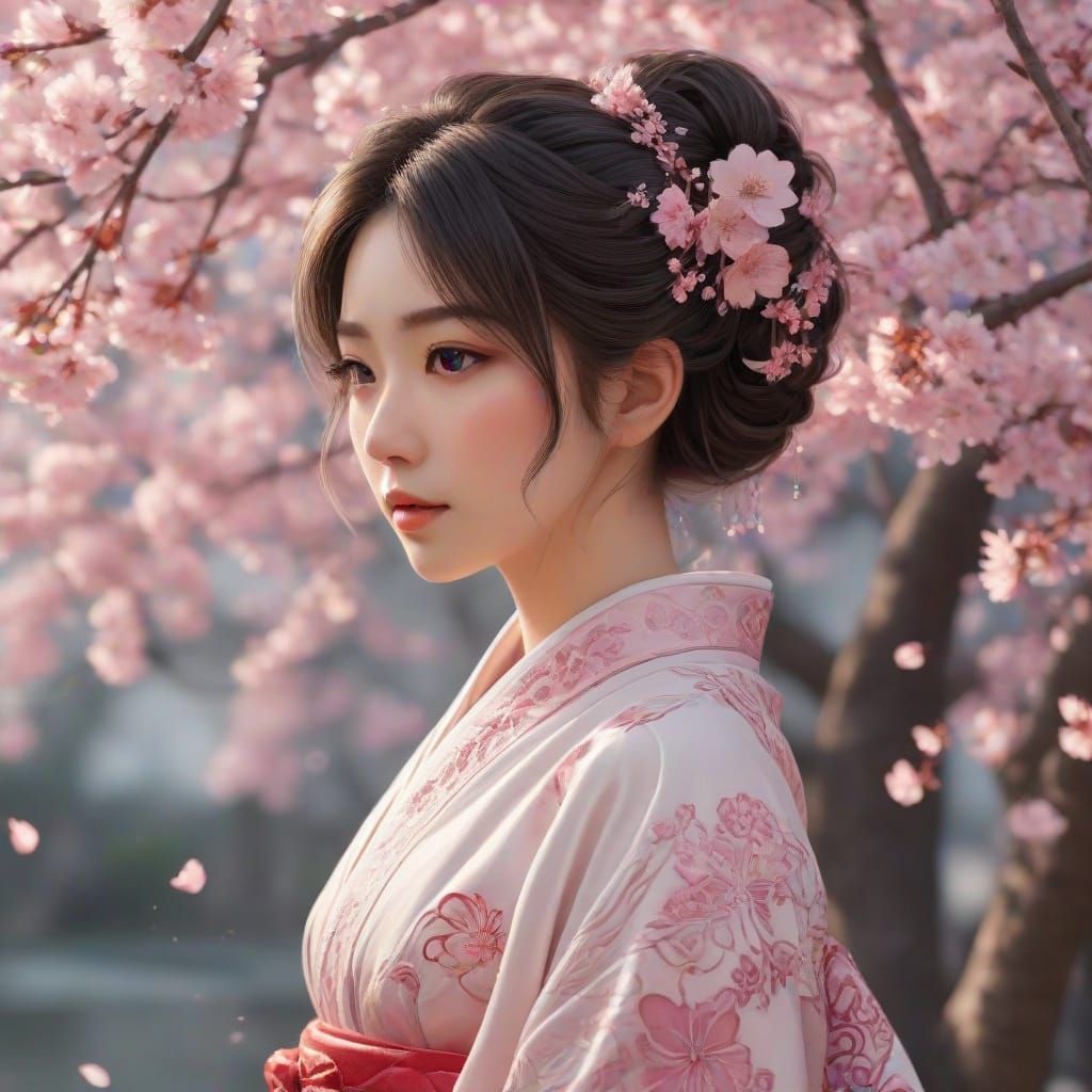 Elegant Japanese Fantasy Artwork with Cherry Blossoms