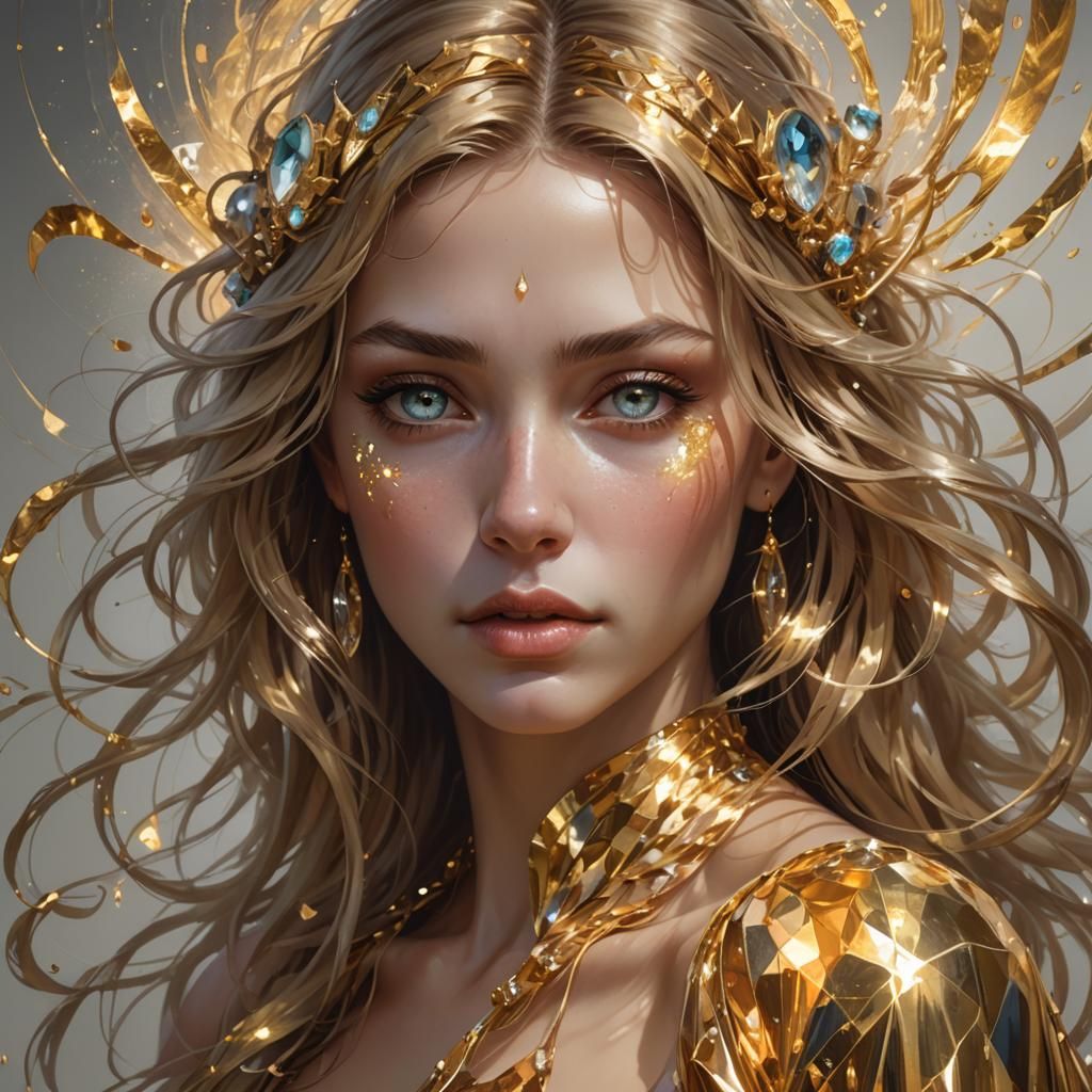Radiant Woman Portrait with Flowing Gold Hair