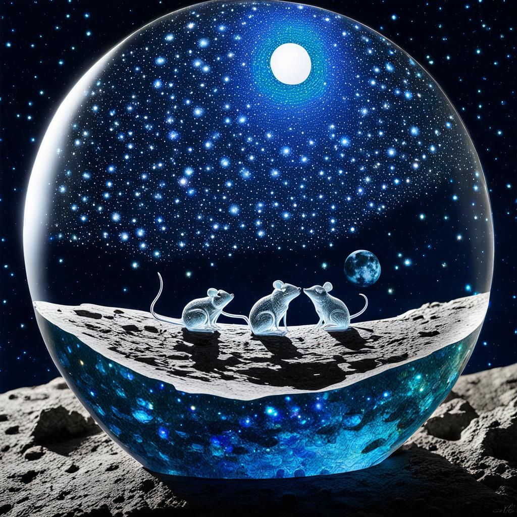 Crystal Mouse Sculpture on the Moon in Space