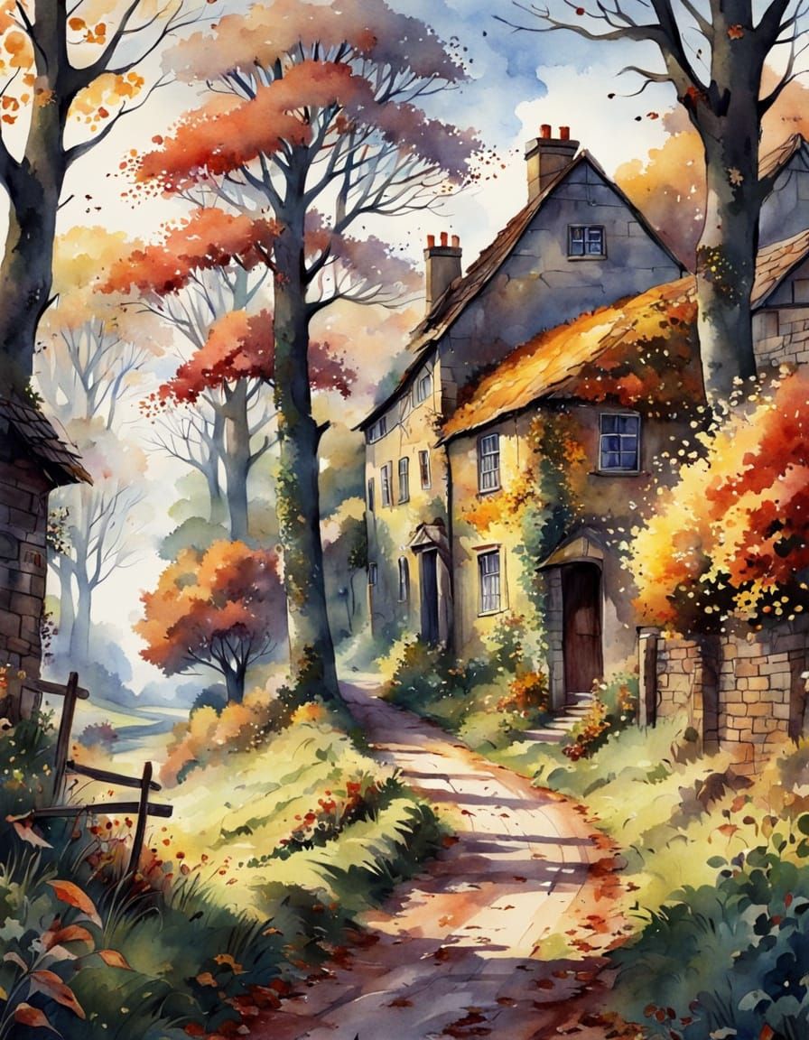 Autumn Country Lane Watercolour Illustration