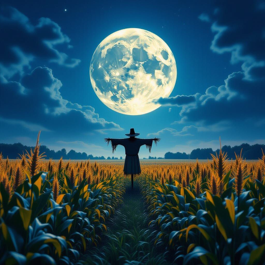 Full Moon Over Cornfield With Scarecrow
