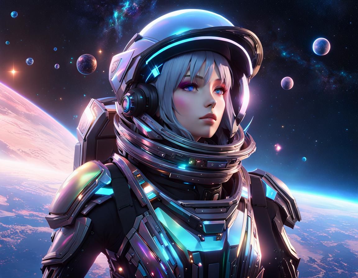 Iridescent Maximalist Interstellar Space in 3D Anime Style