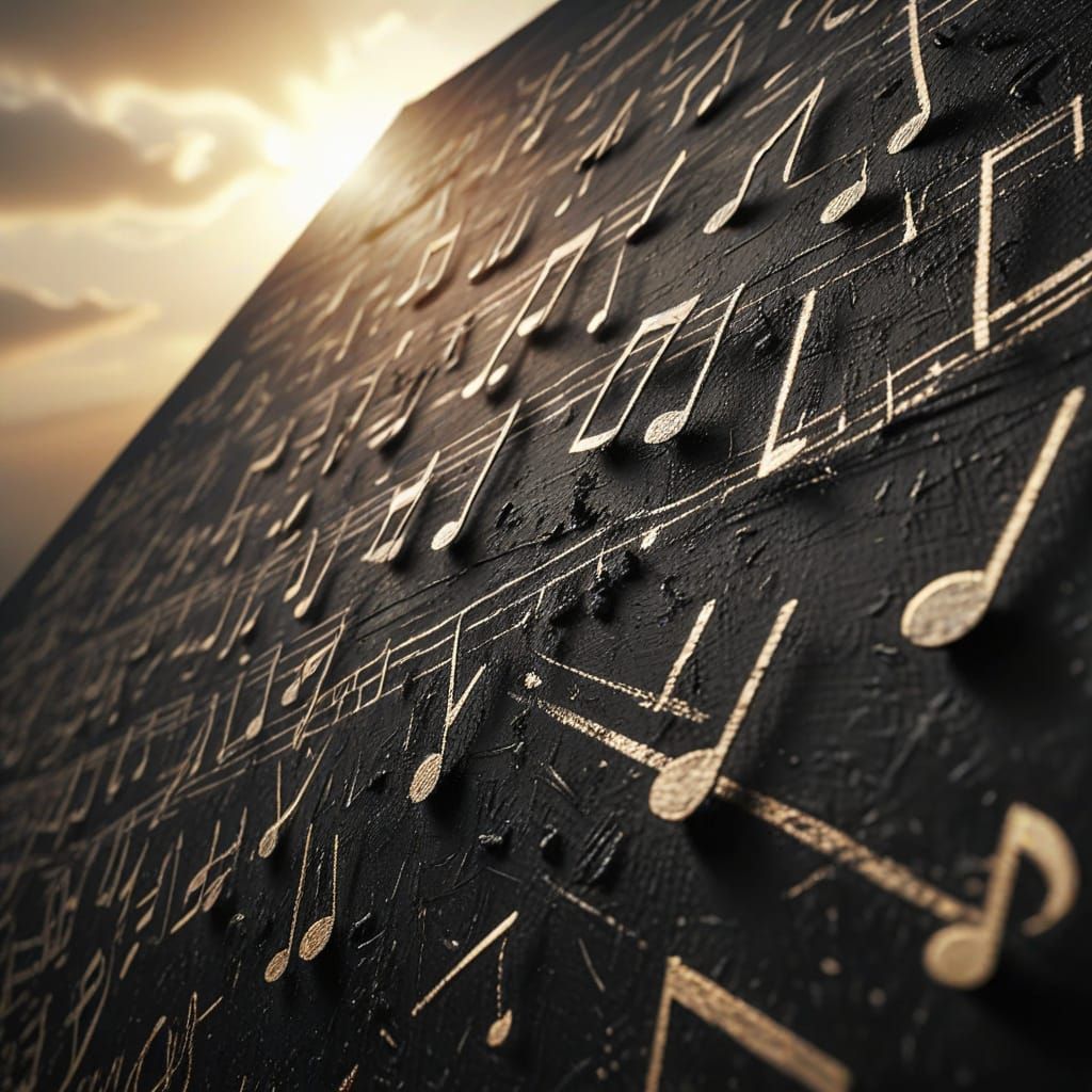 Musical Notes Flowing to Horizon in Charcoal Drawing