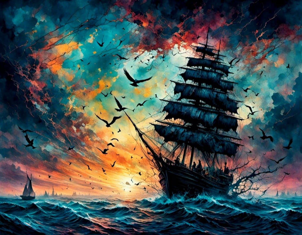 Sailboat at Sunrise with Rainbow and Seagulls