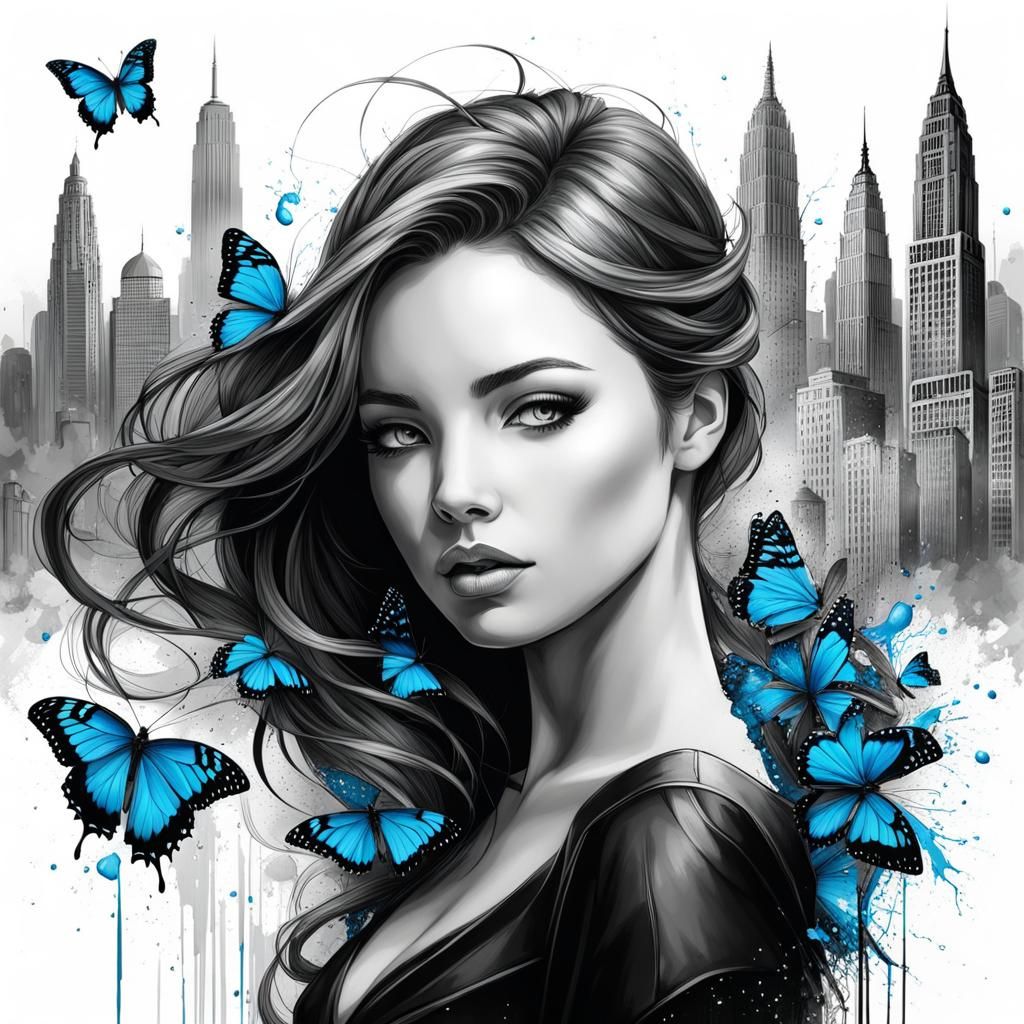 Monochrome Portrait with Blue Butterfly, Line Art